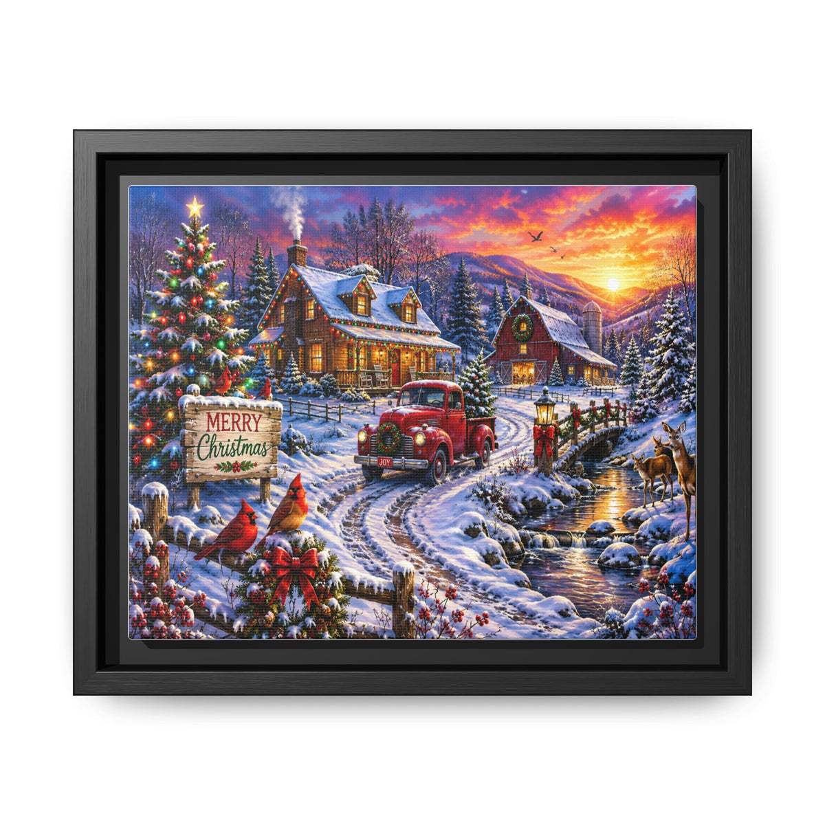 Cozy Vintage Christmas Truck Framed Canvas – "Merry Christmas" Winter Cabin Scene
