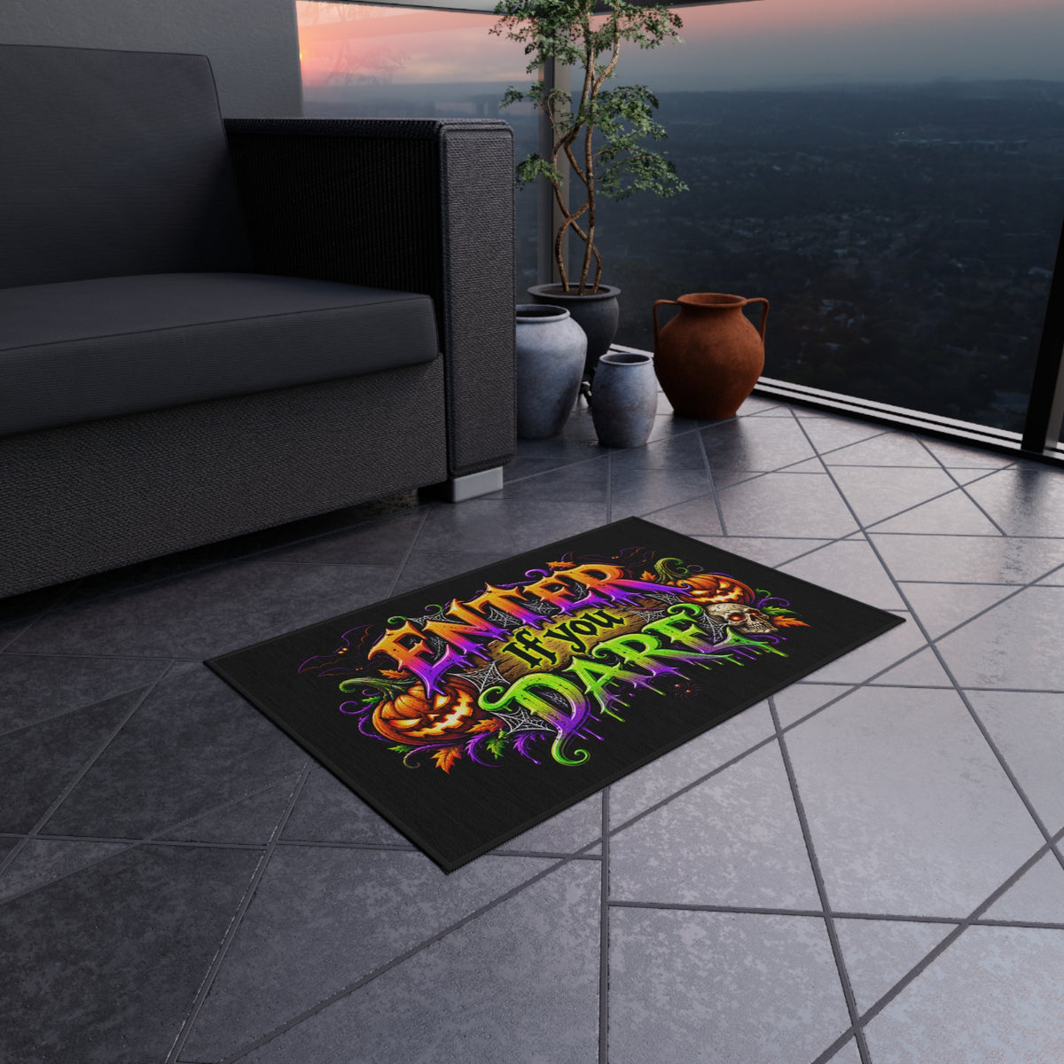 Outdoor Rug — "Enter If You Dare" Halloween Doormat with Pumpkins & Skull