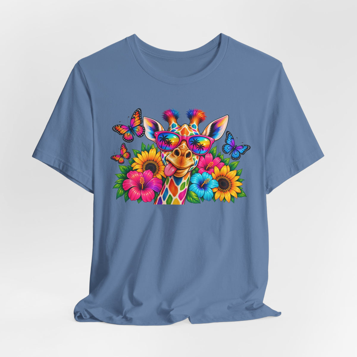Giraffe Floral Tee — Colorful Butterfly & Sunflower Graphic T-Shirt