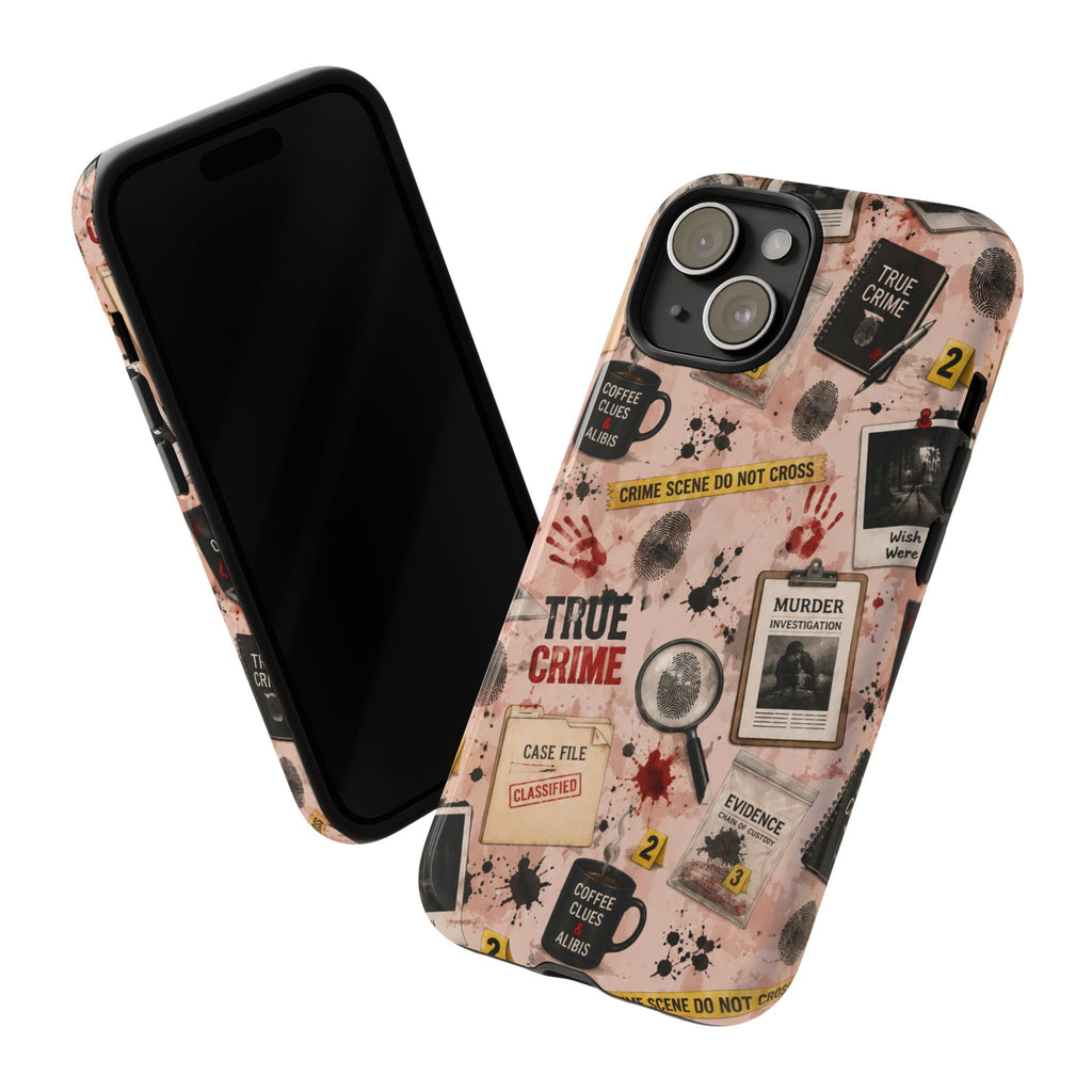 True Crime Pattern Phone Case – Detective Evidence, Crime Scene Tape & 'True Crime' Design