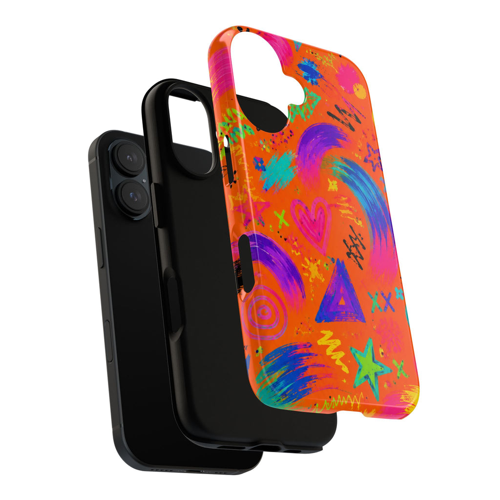 Colorful Neon Doodle Phone Case — Bright Abstract Stars & Hearts Tough Case