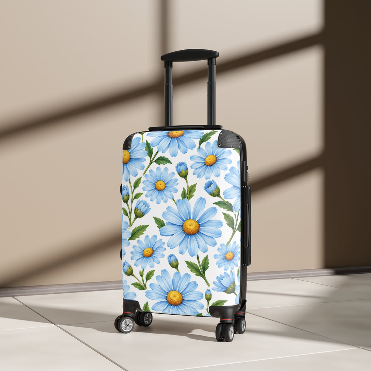 Blue Daisy Floral Suitcase – Lightweight Rolling Carry-On Travel Luggage