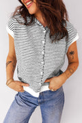 Stripe Contrast Trim Cap Sleeve Button-Up Cardigan