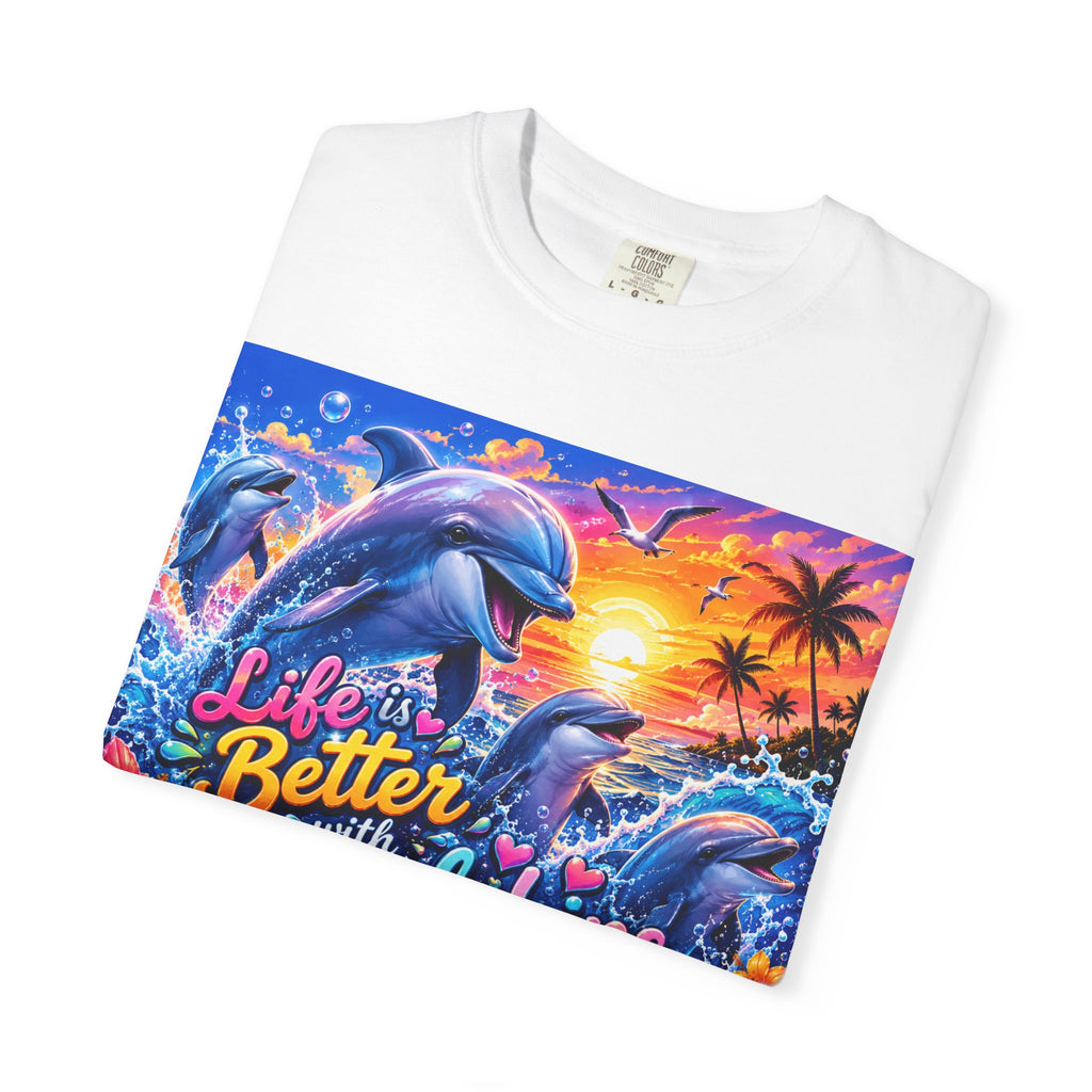 Life Is Better with Dolphins T-shirt | Sunset Dolphin Beach Graphic