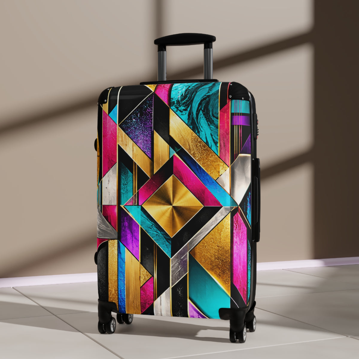 Geometric Glam Carry-On Suitcase – Bold Gold, Teal & Magenta Art Deco Design