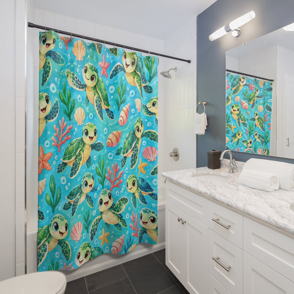 Cute Sea Turtle Pattern Shower Curtain | Ocean Turtle Seashells Beachy Bath