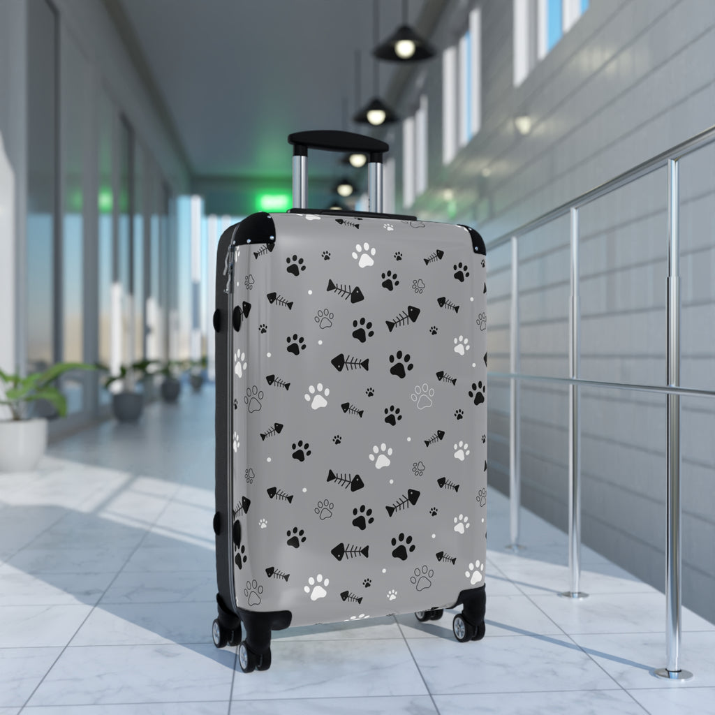Pet Paw Print Suitcase — Grey Travel Luggage with Cat & Dog Paw Pattern