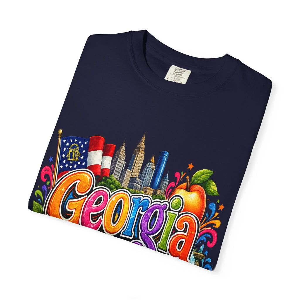 Georgia state illustration T-shirt | Atlanta skyline, peach, magnolia