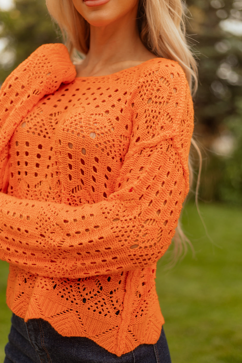 Solid Open Crochet Scallop Edge Sweater