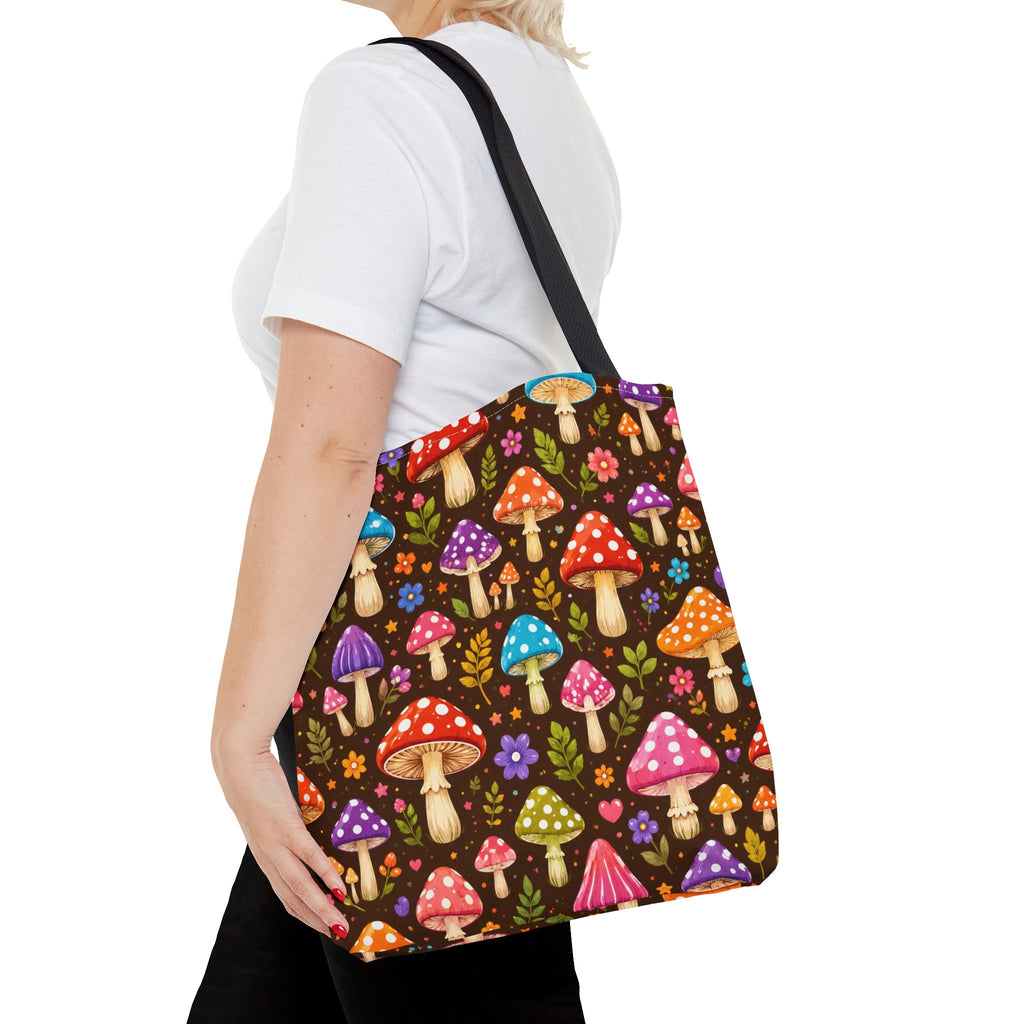 Mushroom Pattern Tote Bag — Colorful Woodland Mushroom All-Over Print Tote