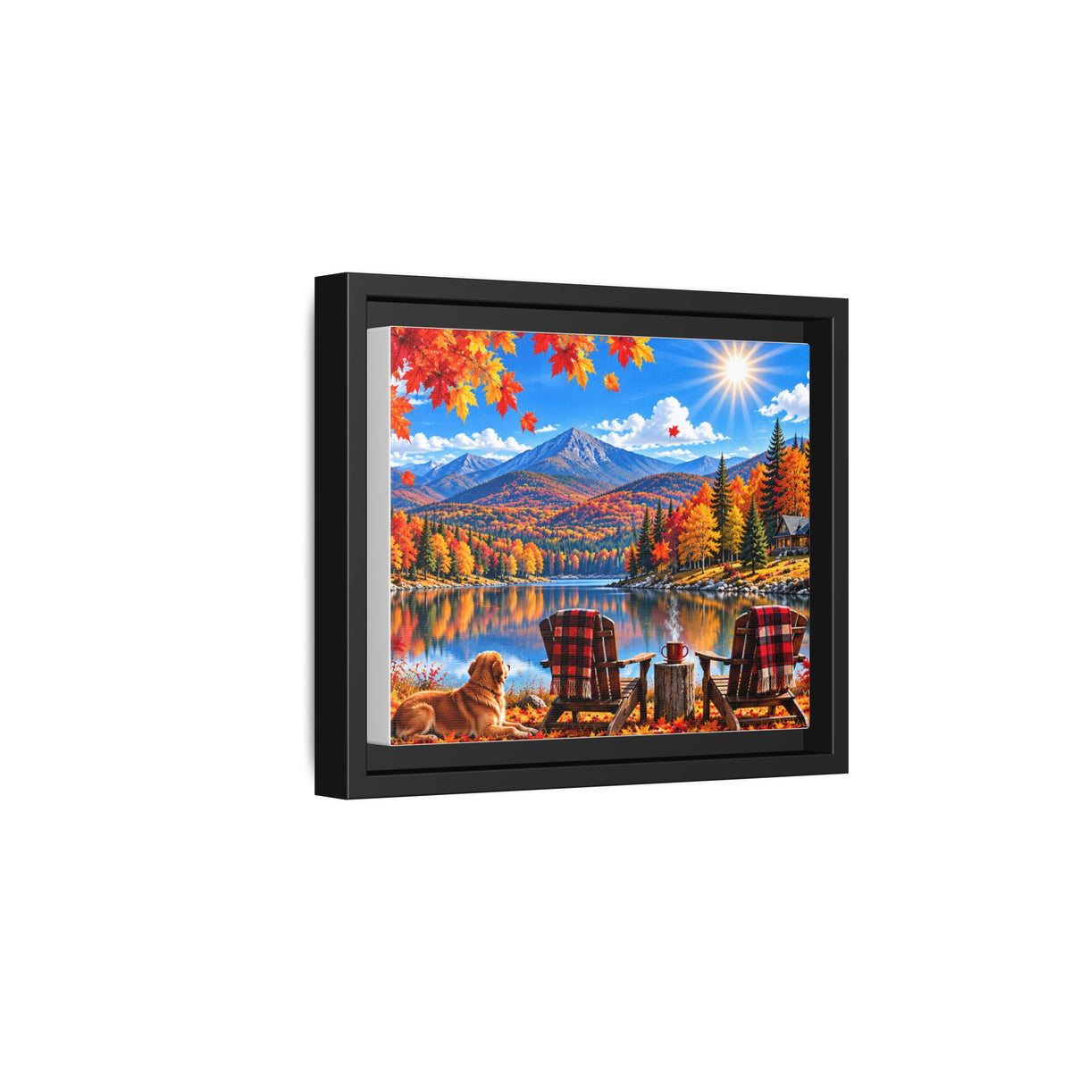 Autumn Lake Framed Canvas Print — Cozy Fall Cabin Landscape