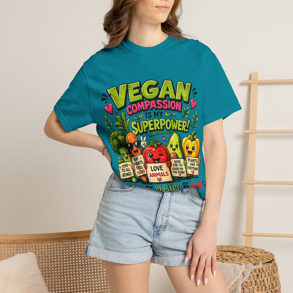 Vegan Compassion Is My Superpower T-shirt | Cute Veggie Characters