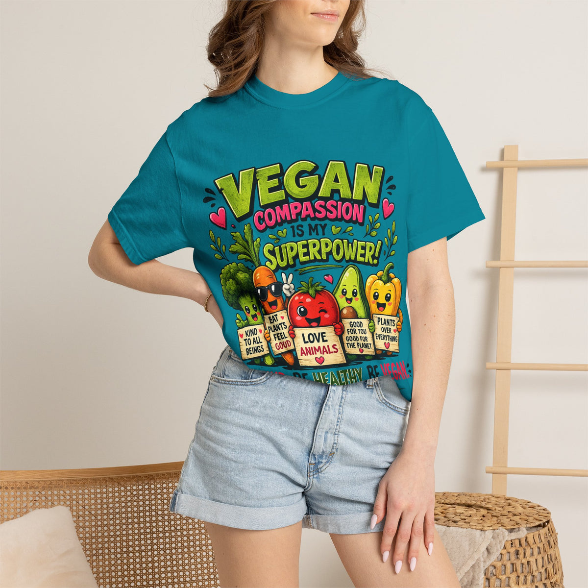 Vegan Compassion Is My Superpower T-shirt | Cute Veggie Characters