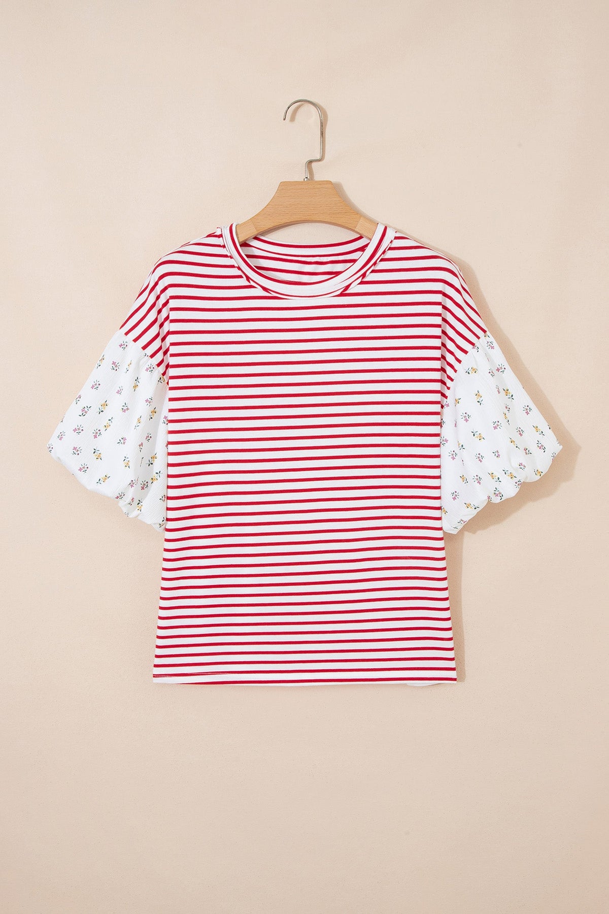 Floral Stripe Patchwork Puff Sleeve Round Neck Top