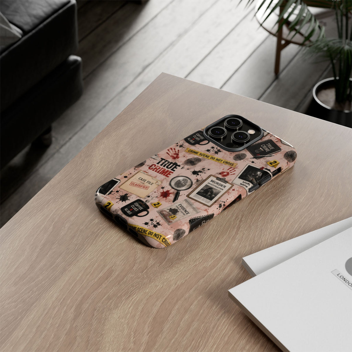 True Crime Pattern Phone Case – Detective Evidence, Crime Scene Tape & 'True Crime' Design