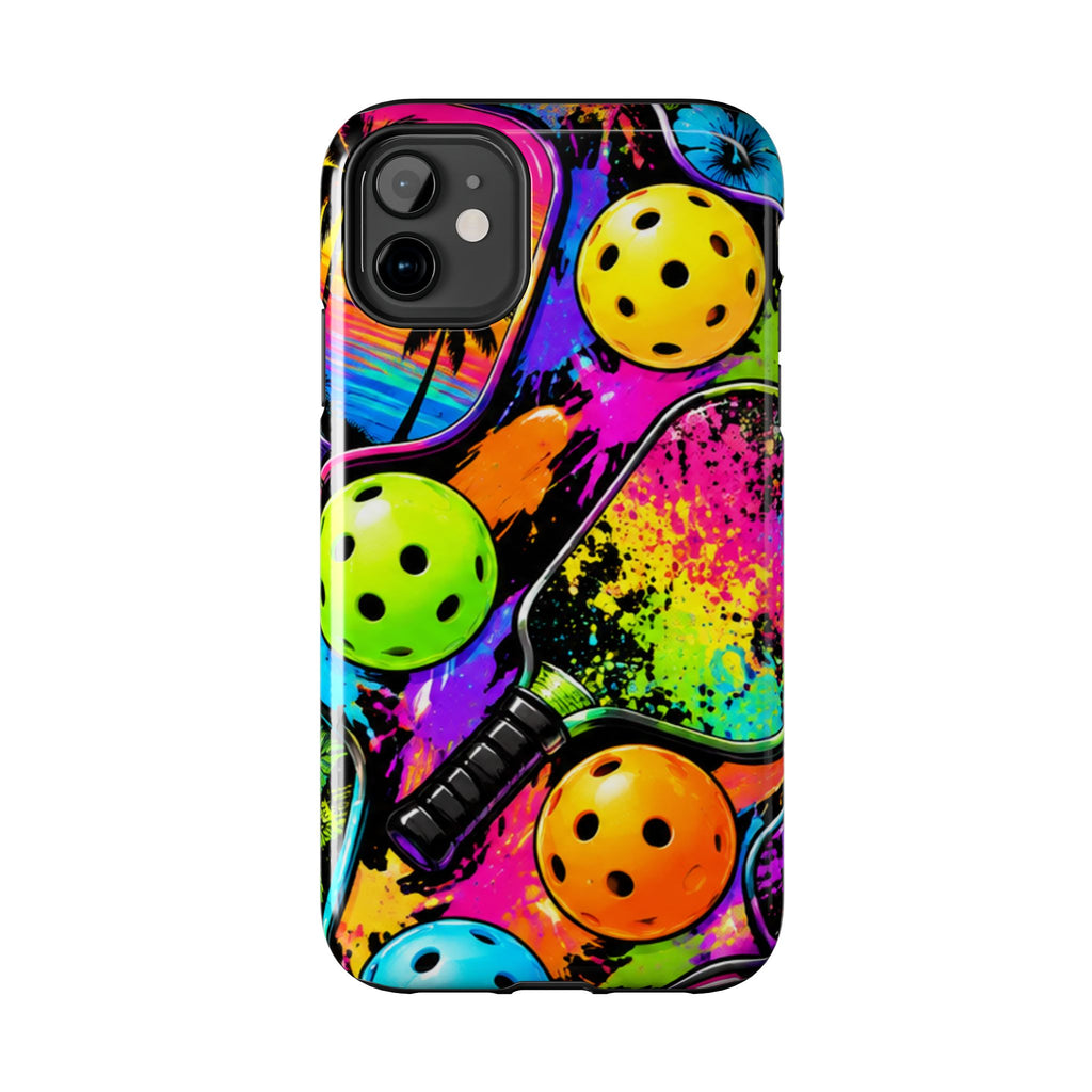 Pickleball Splash Tough Phone Case — Neon Paddle & Ball Protective Cover