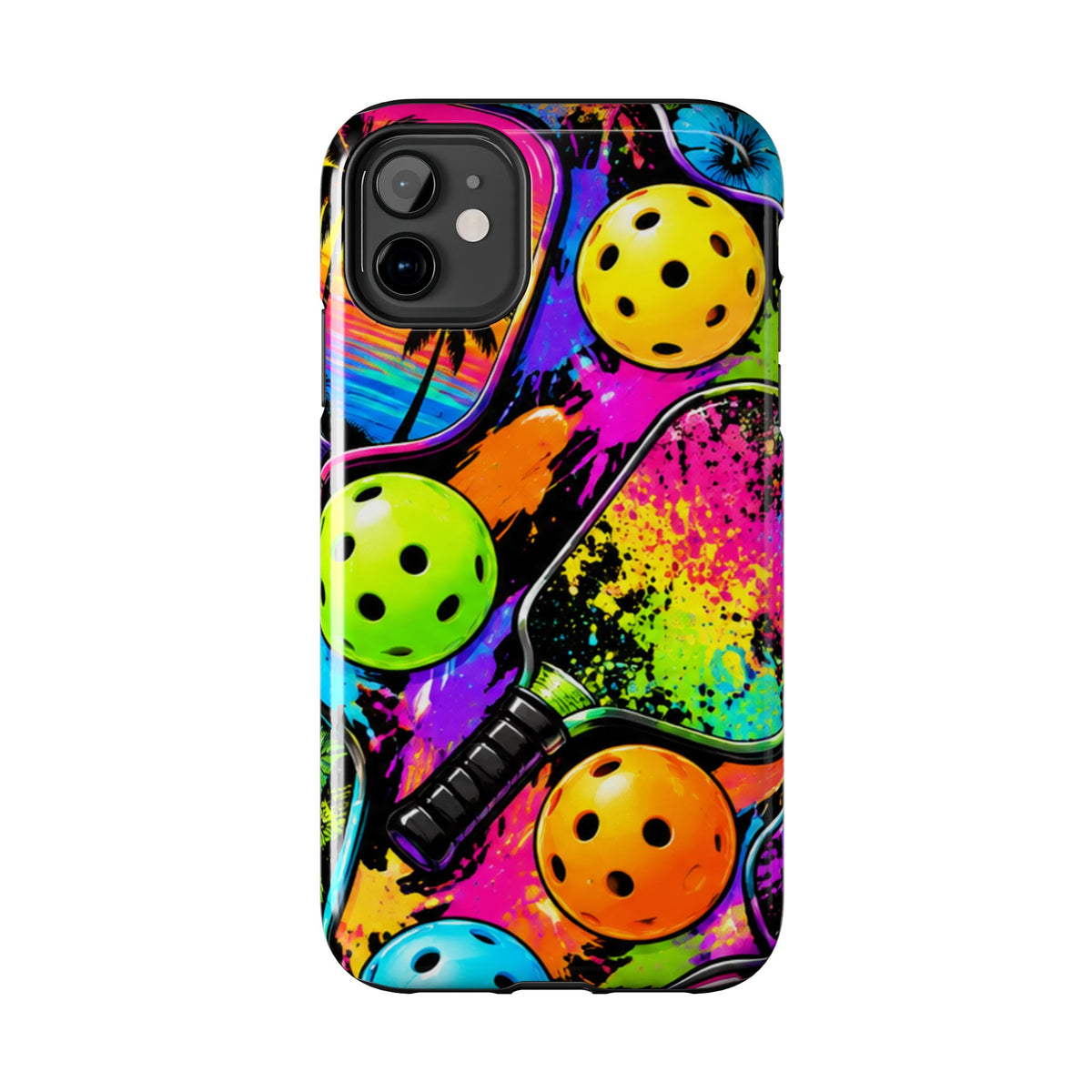 Pickleball Splash Tough Phone Case — Neon Paddle & Ball Protective Cover