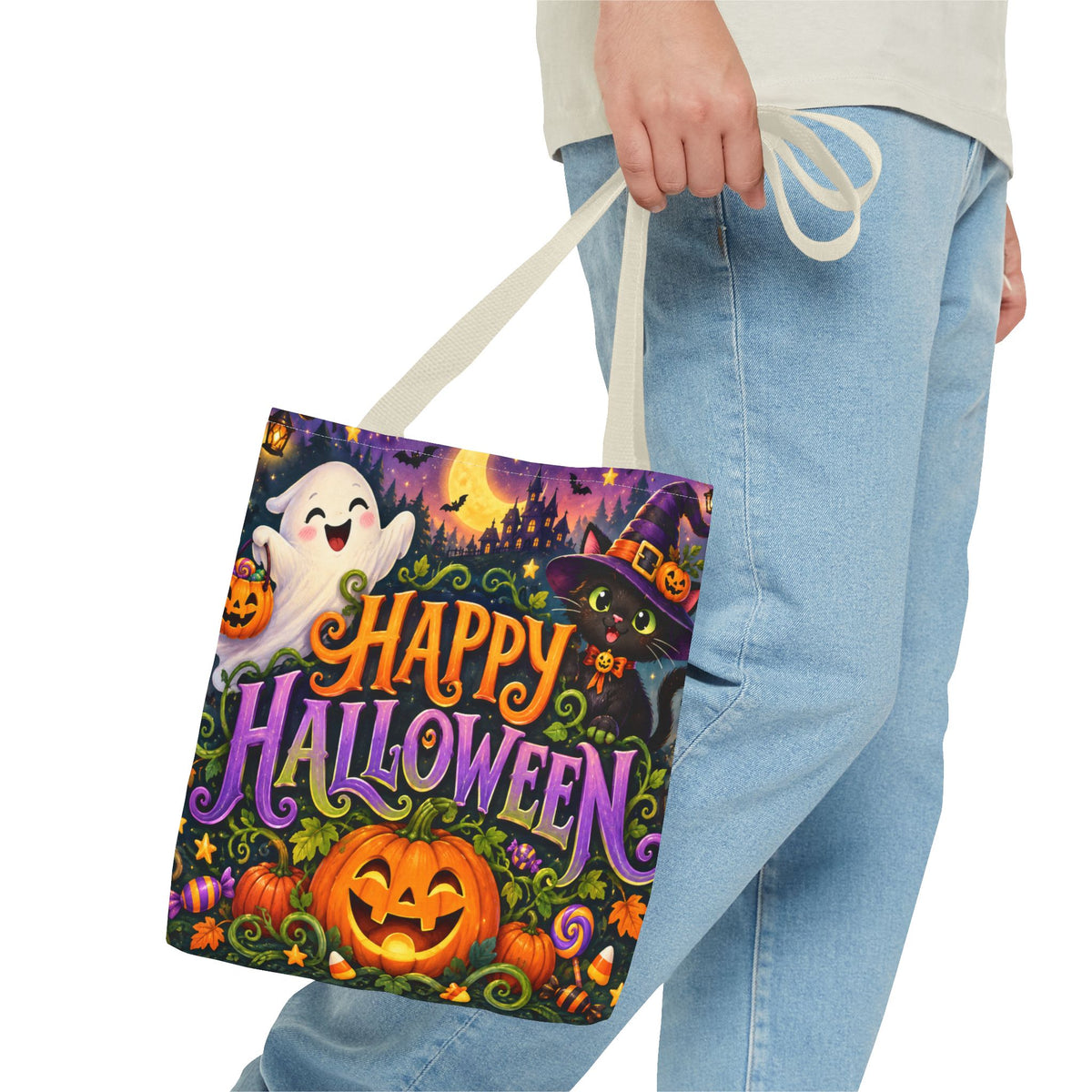 Halloween Tote Bag — Cute Ghost, Black Cat & Pumpkin Trick-or-Treat Candy Bag