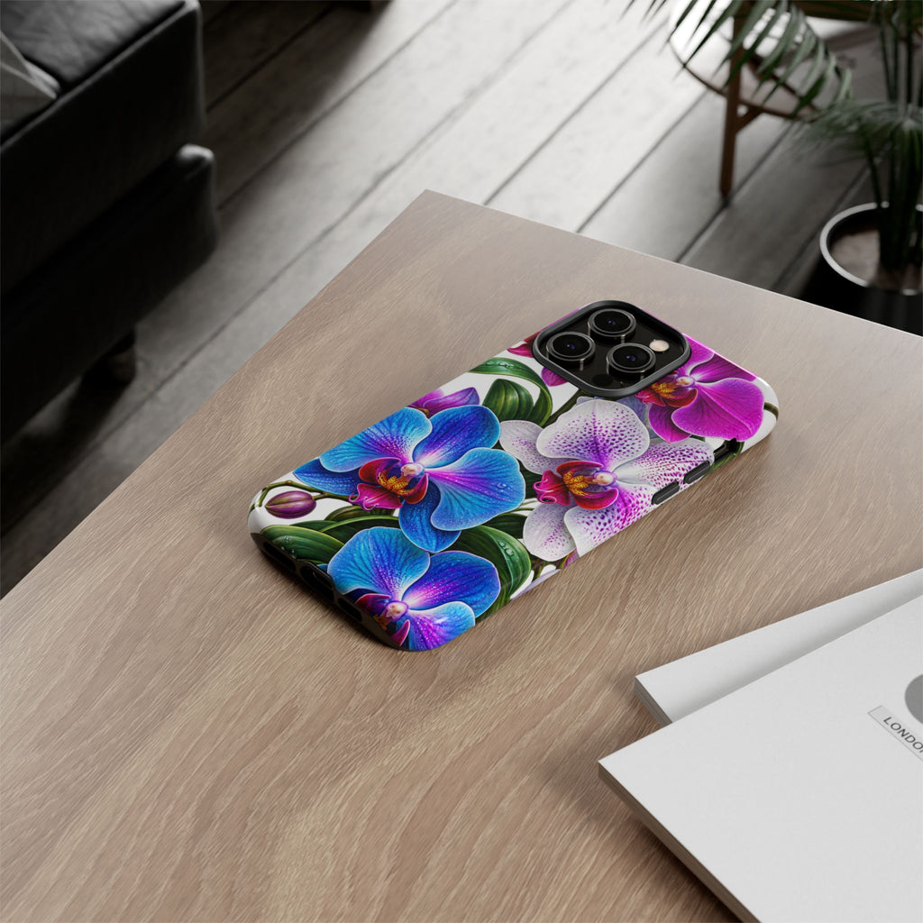 Orchid Floral Tough Phone Case – Vibrant Blue & Pink Orchid Protective Cover