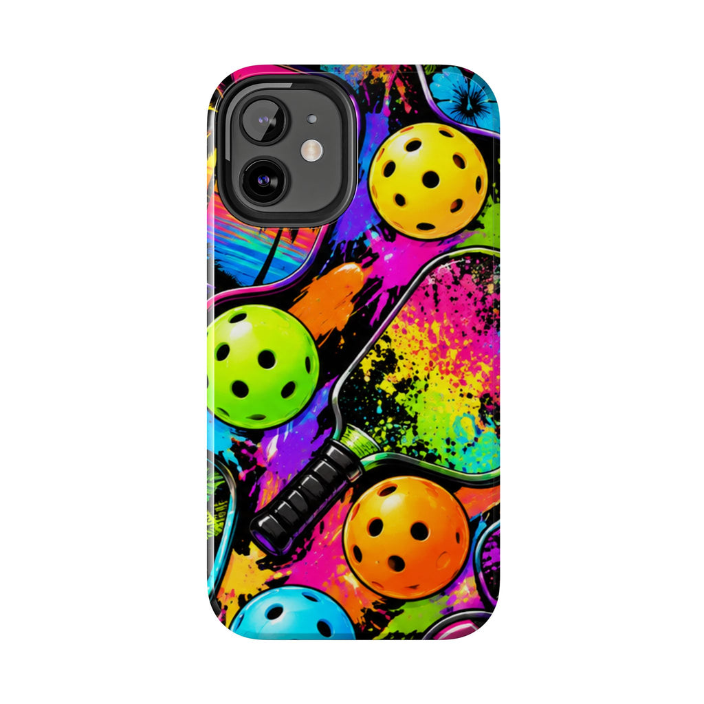 Pickleball Splash Tough Phone Case — Neon Paddle & Ball Protective Cover