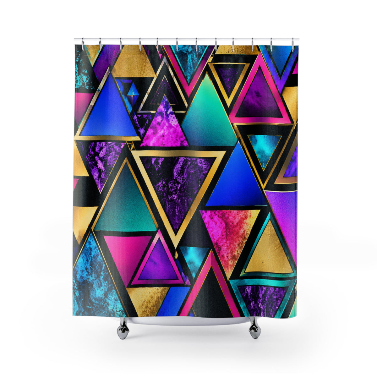 Vibrant Geometric Triangle Shower Curtain — Neon Gold Retro Bathroom Decor