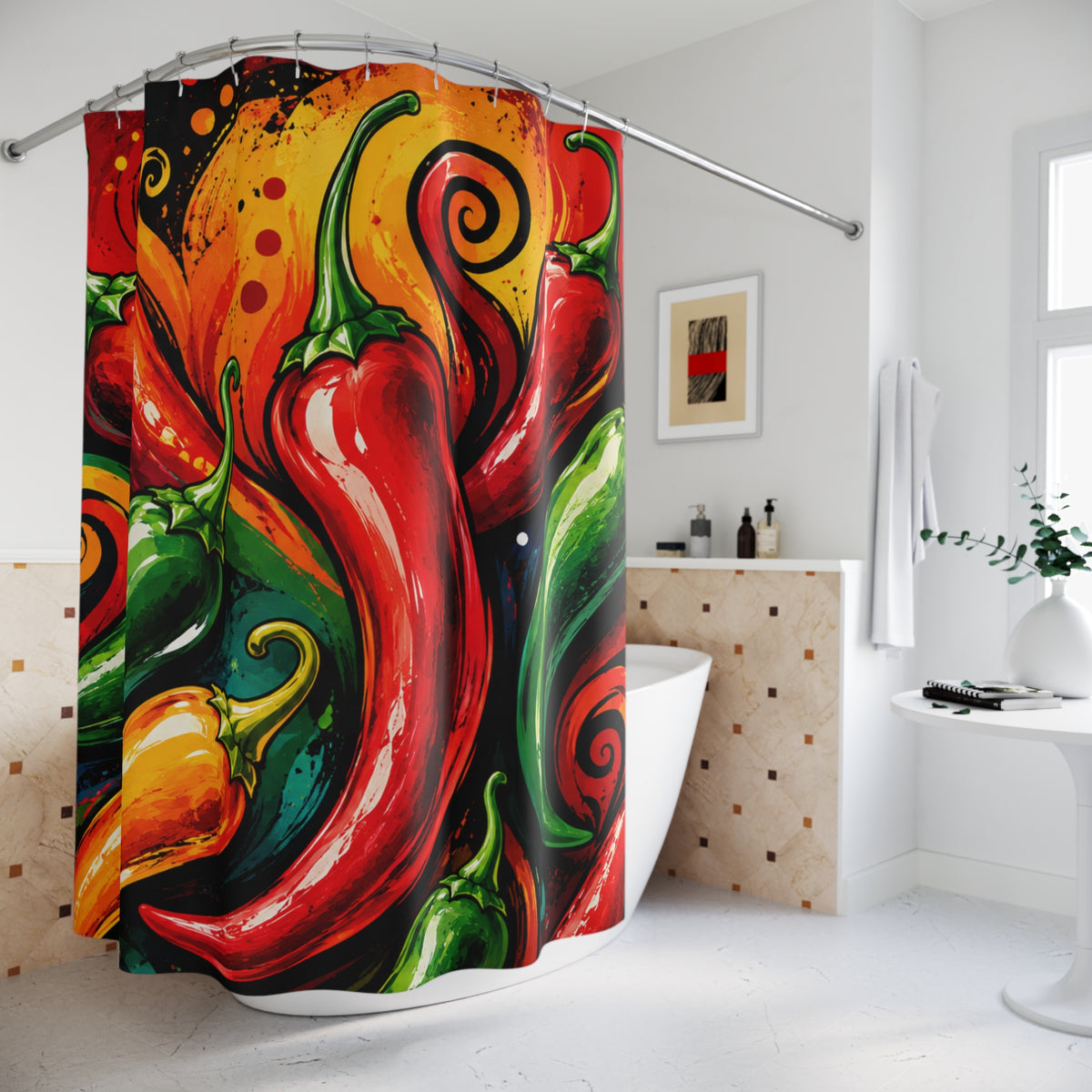 Spicy Chili Pepper Shower Curtain — Bold Red & Green Kitchen/ Bathroom Decor