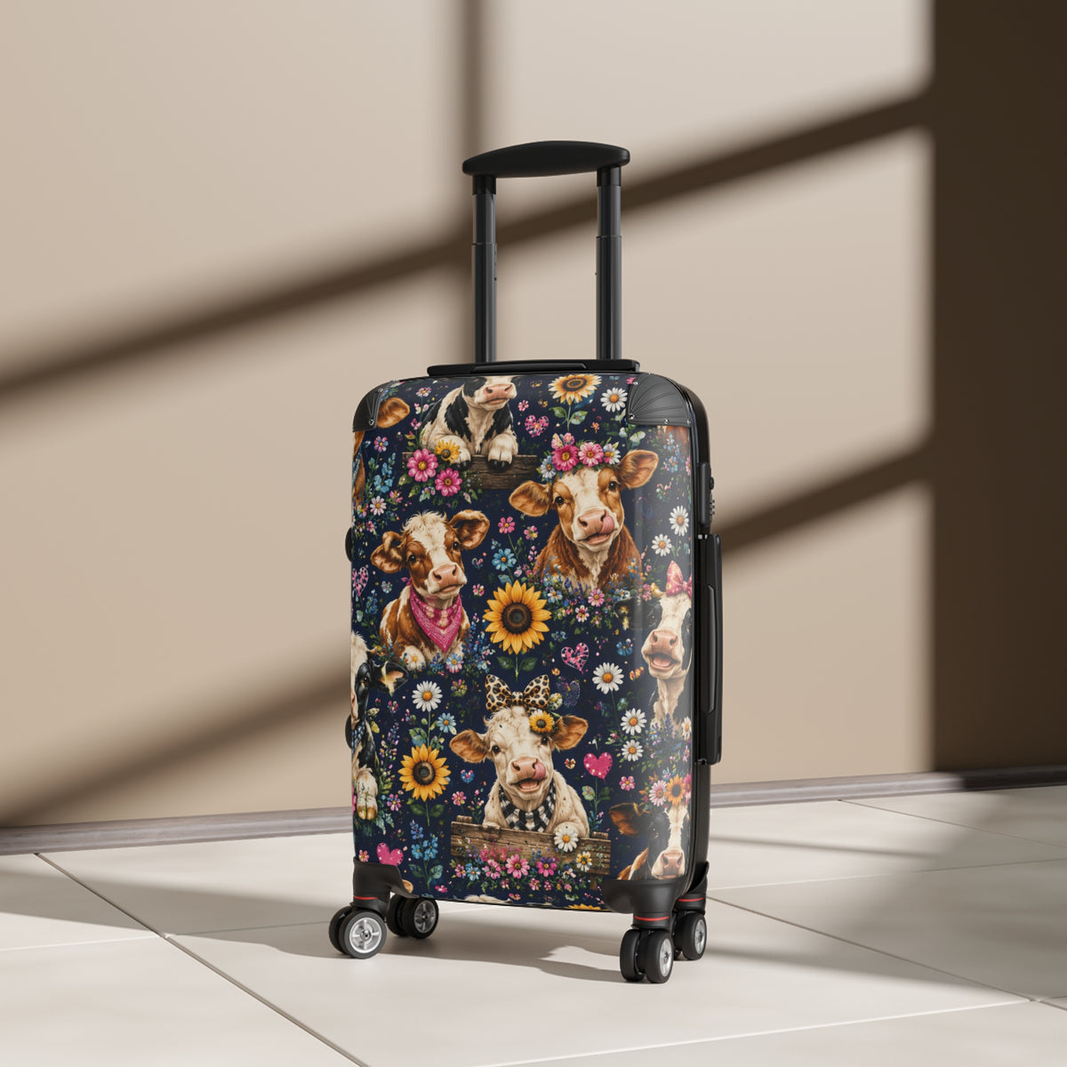 Cow Floral Suitcase – Cute Cow Print Carry-On Luggage with Sunflowers