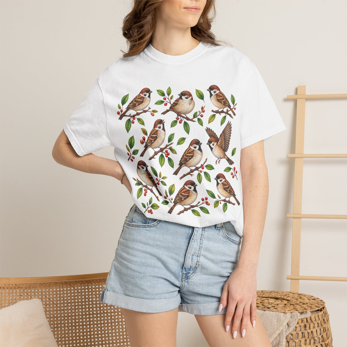 Sparrow Branches T-Shirt — Vintage Bird Illustration Tee for Bird Lovers & Nature Fans