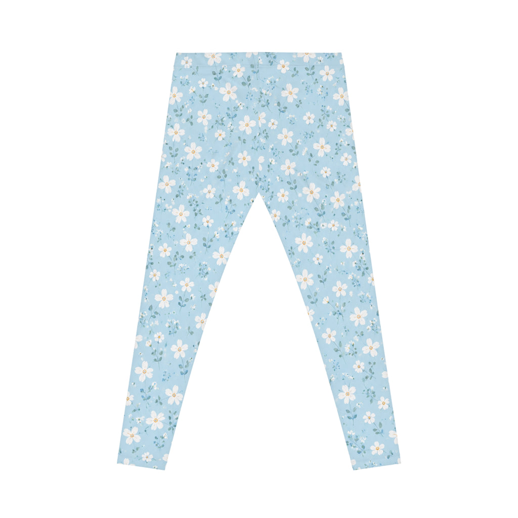 Blue Floral Leggings — Light Blue Spring Daisy Print Women's Leggings