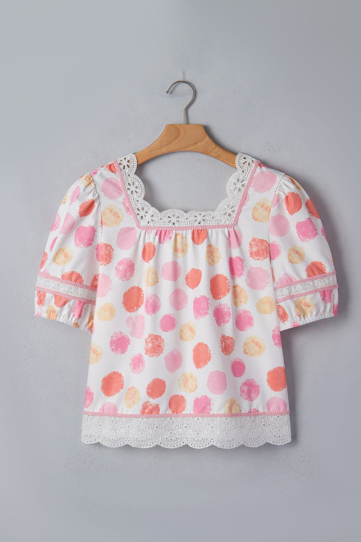 Polka Dot Lace Trim Square Neck Puff Sleeve Blouse