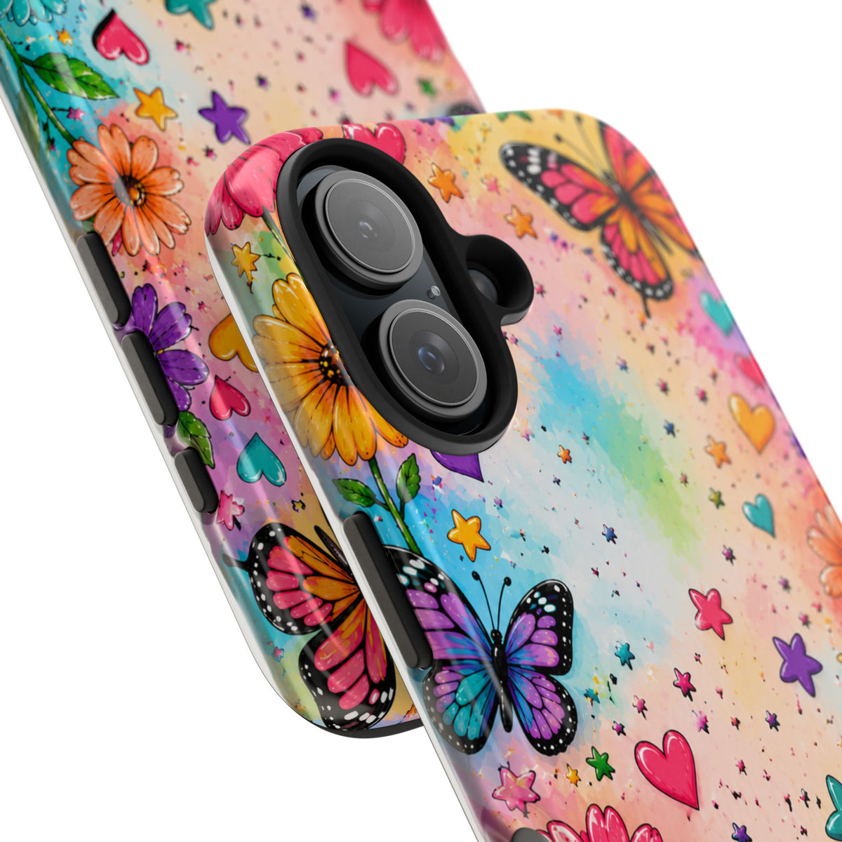 Colorful Butterflies and Flowers Tough Phone Case | Rainbow Hearts Stars