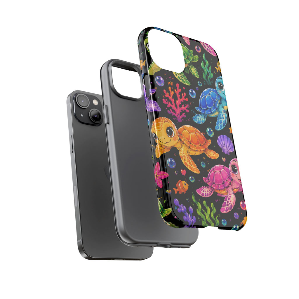 Phone Case — Colorful Cute Sea Turtles on Black (Protective Smartphone Cover)