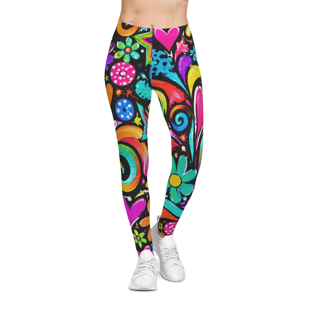 Colorful Heart & Floral Leggings — Women's Psychedelic All-Over Print