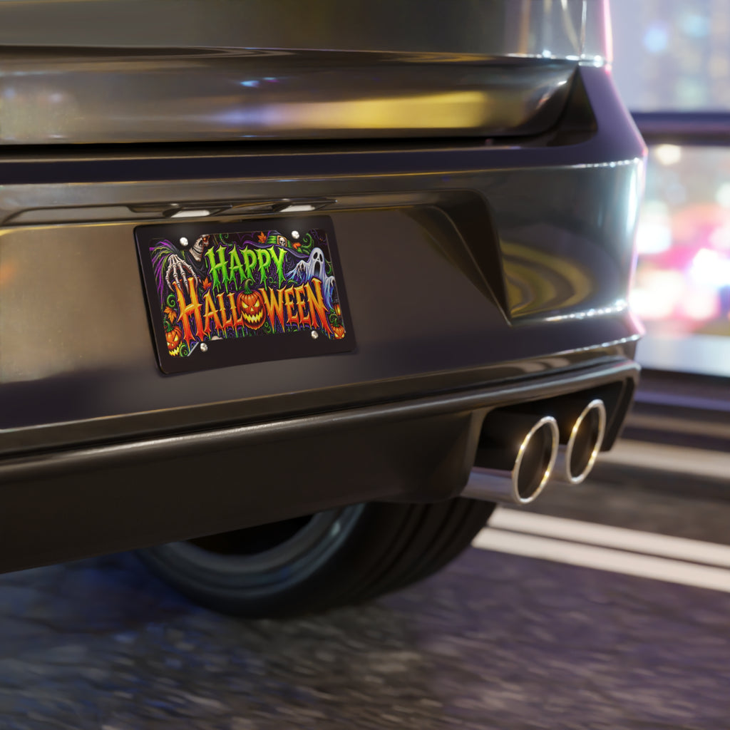 Happy Halloween Vanity Plate — Spooky Skull & Ghost License Plate