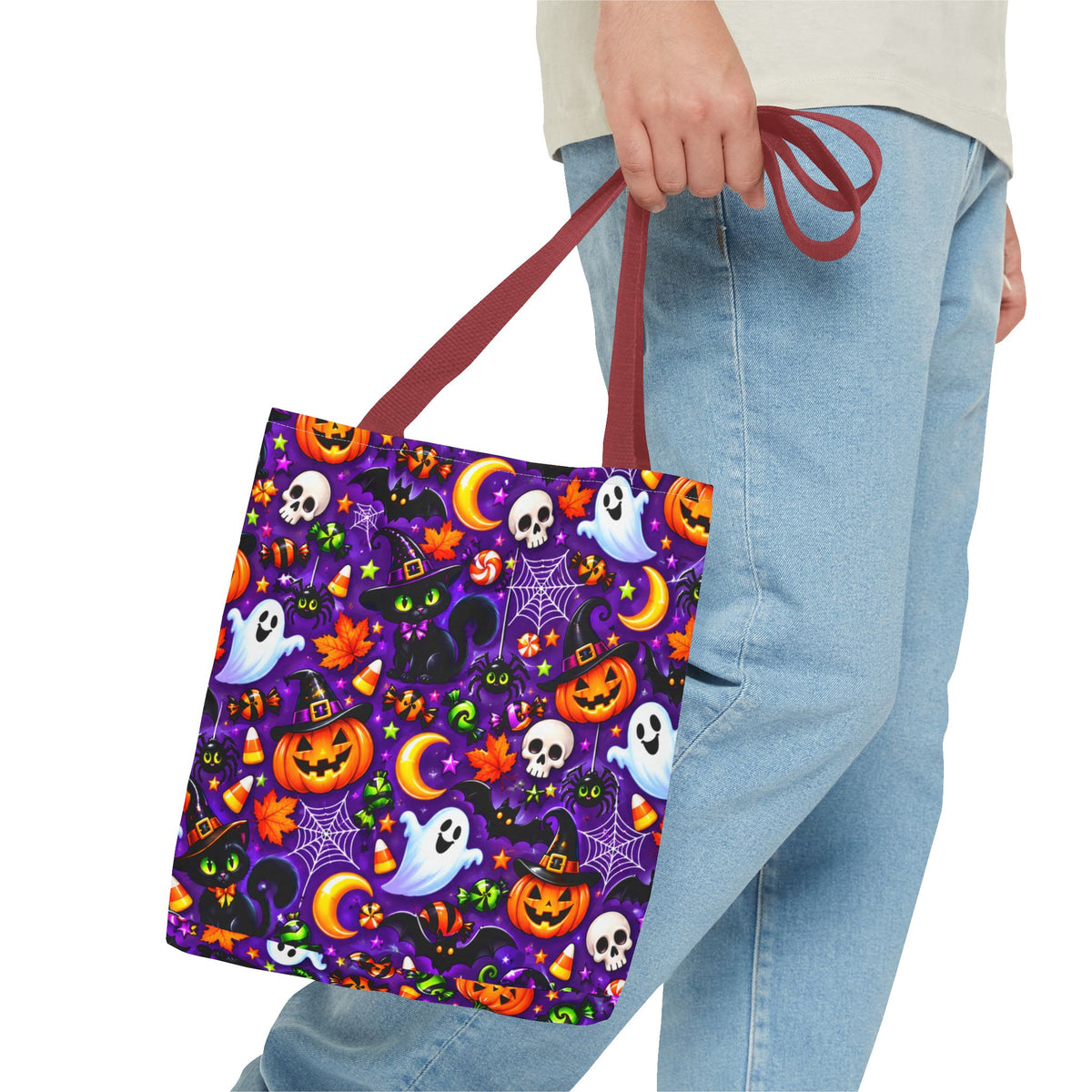 Halloween Pattern Tote Bag — Cute Ghosts, Pumpkins & Skulls All-Over Print