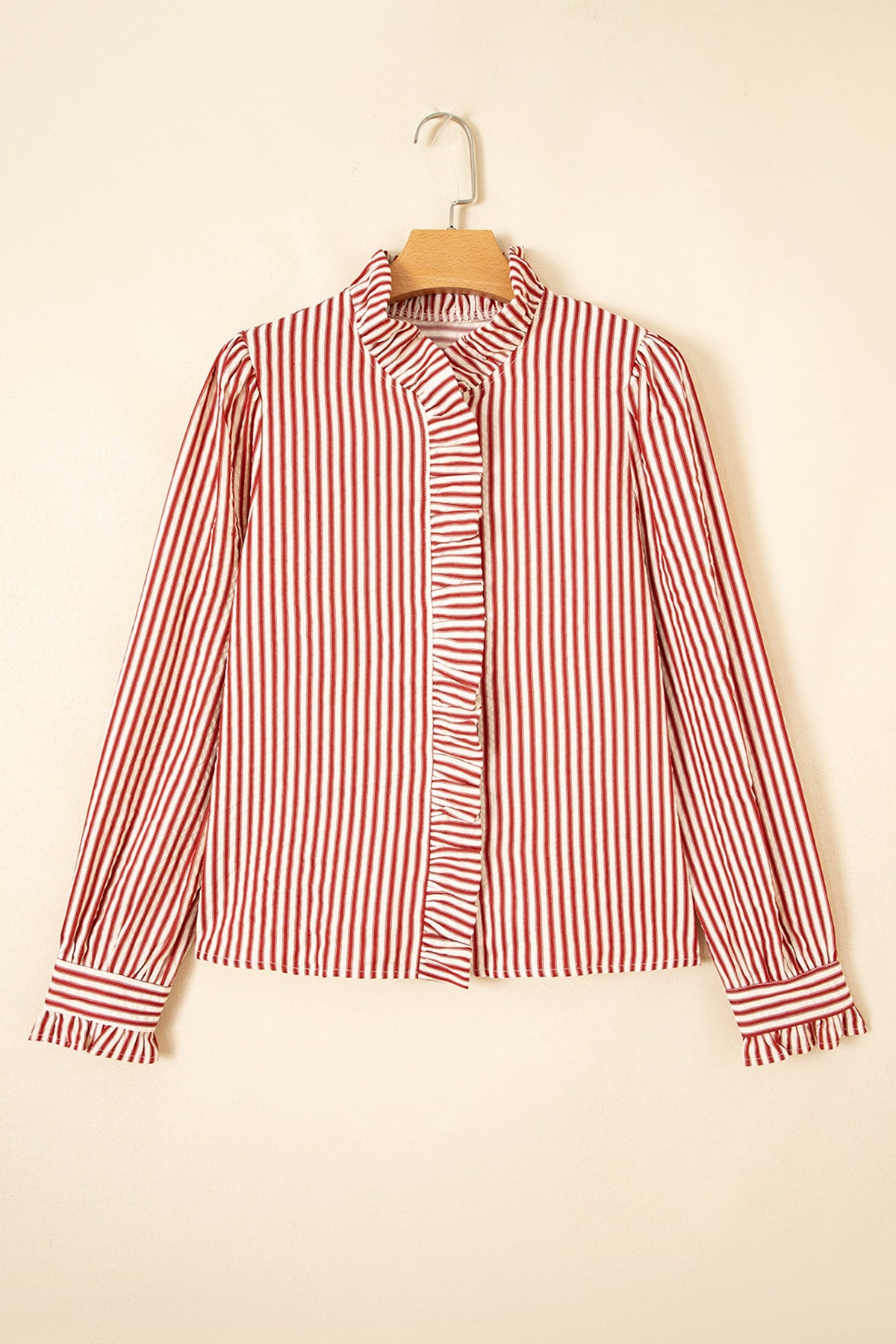 Stripe Textured Ruffle Trim Button-Up Long Sleeve Shirt