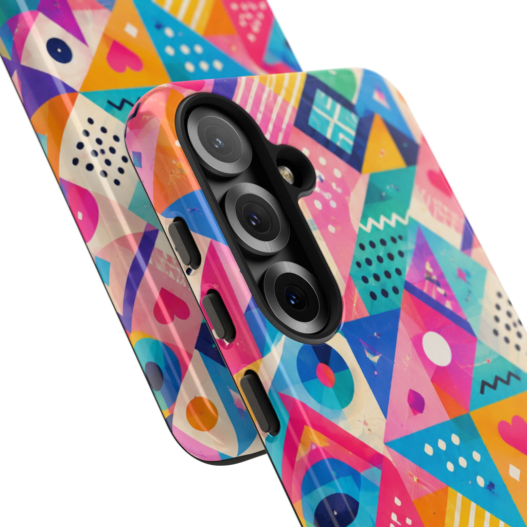 Colorful Geometric Tough Phone Case — Bright Abstract Heart & Triangle Pattern