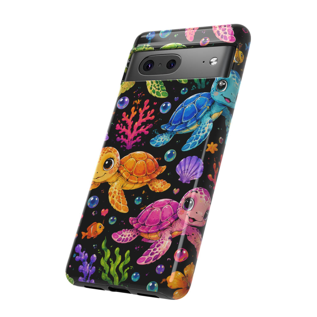 Phone Case — Colorful Cute Sea Turtles on Black (Protective Smartphone Cover)