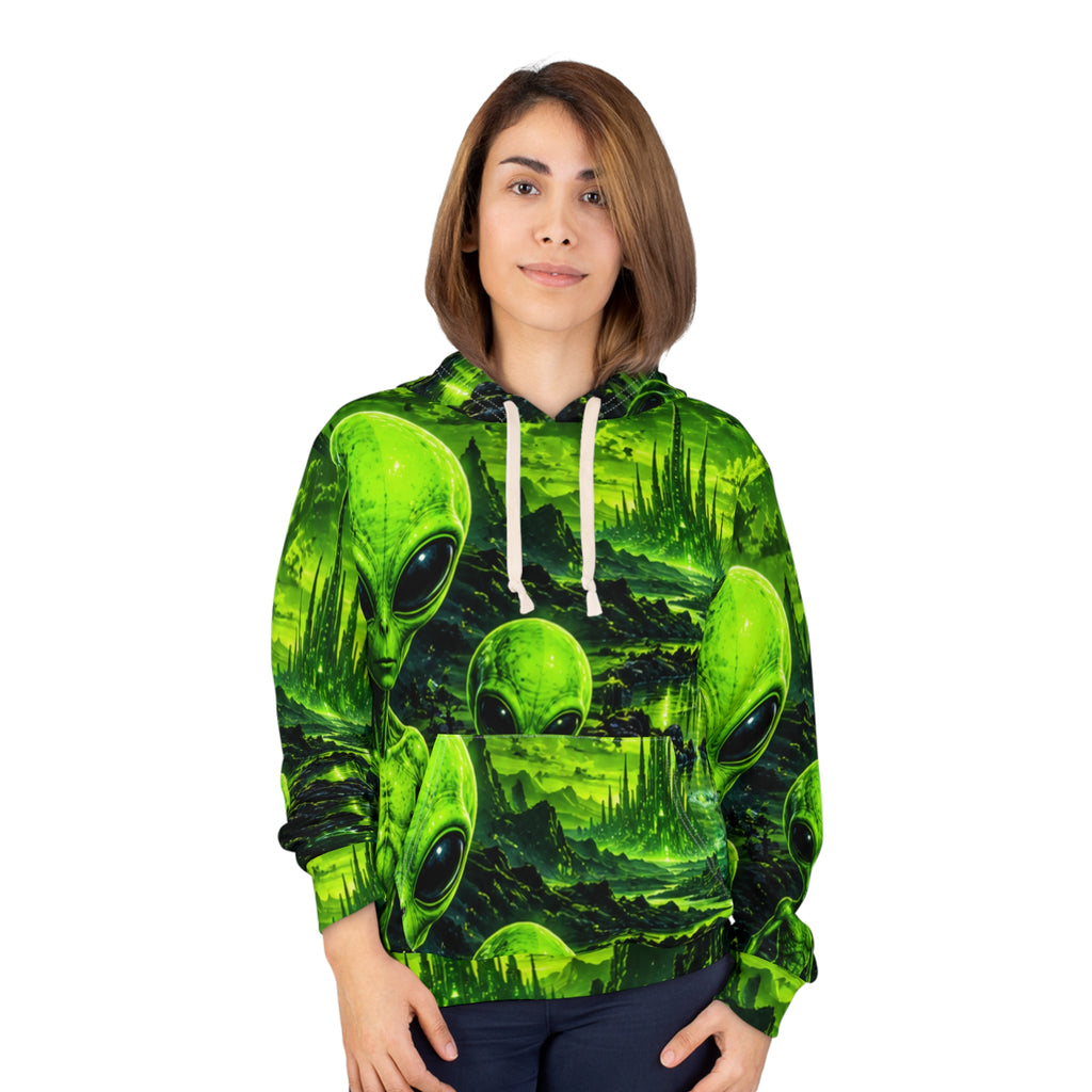 Alien Landscape Hoodie — Neon Green Extraterrestrial All-Over Print