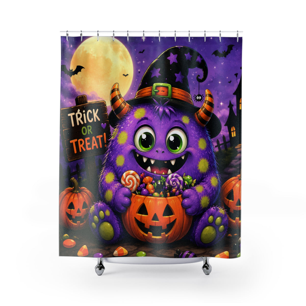 Halloween Monster Shower Curtain — Cute Purple Trick-or-Treat Design