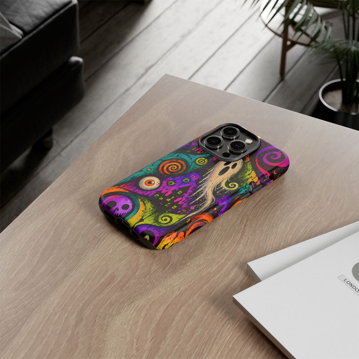 Halloween Ghost Phone Case — Colorful Spooky Skull & Haunted House Tough Case