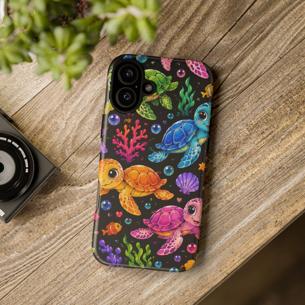 Phone Case — Colorful Cute Sea Turtles on Black (Protective Smartphone Cover)