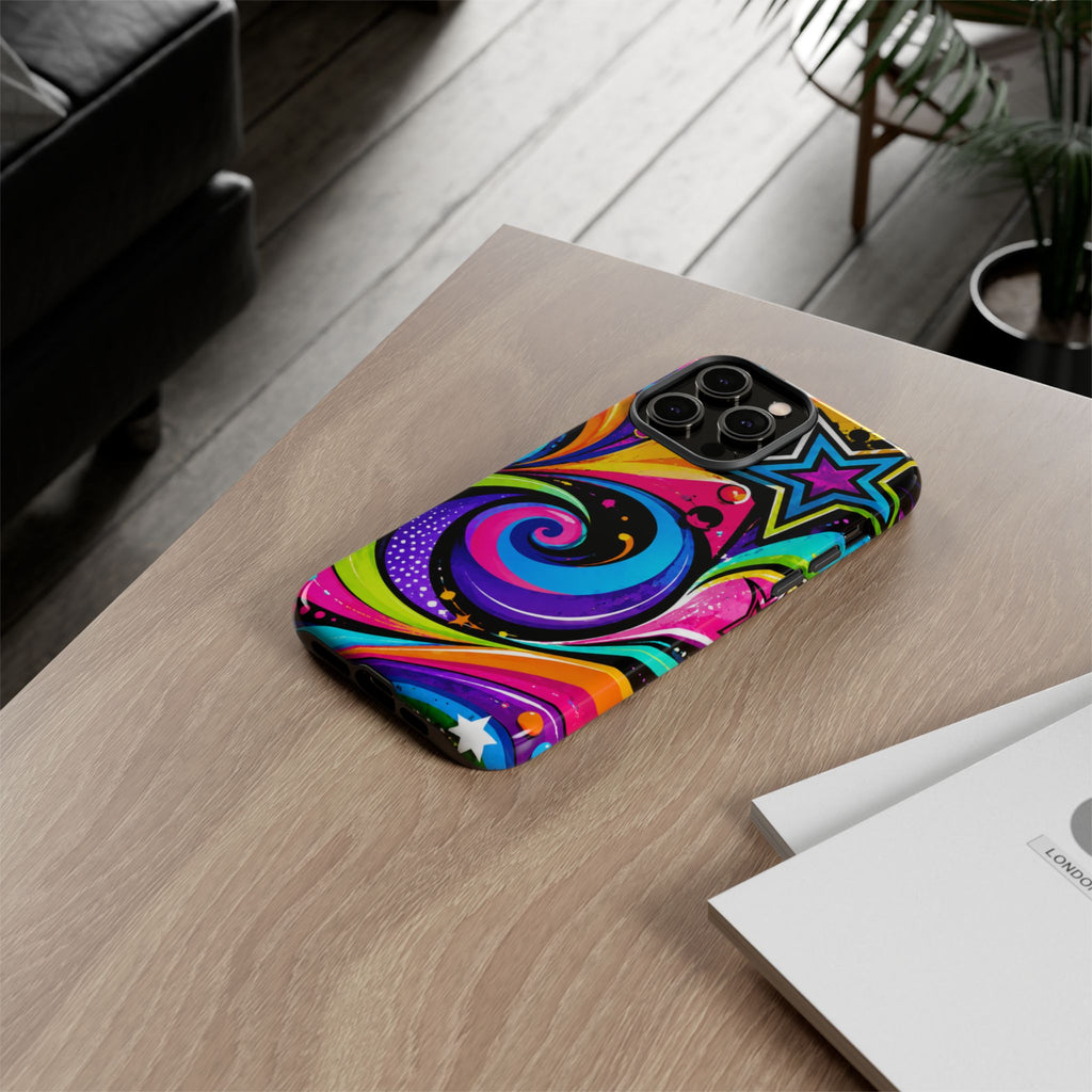 Psychedelic Swirl Phone Case — Bold Retro Stars & Neon Pop Art Tough Case