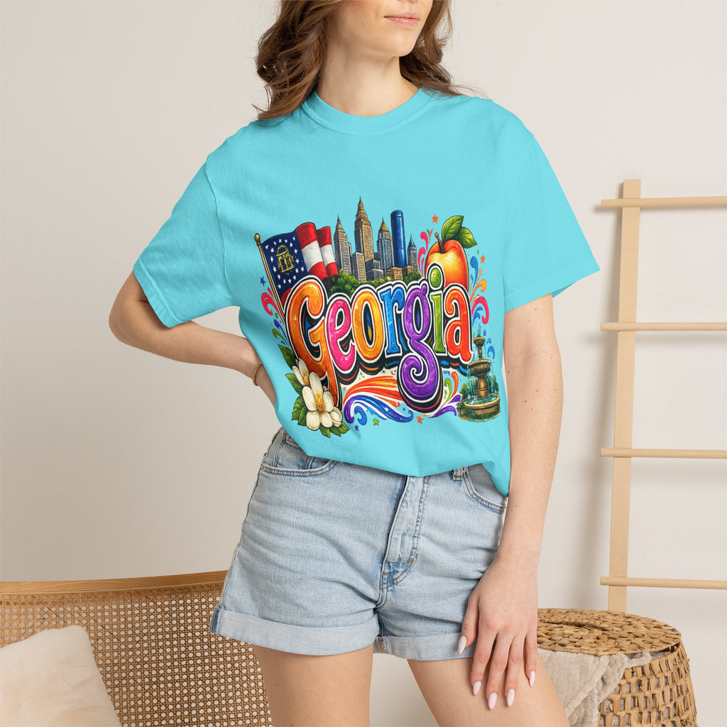 Georgia state illustration T-shirt | Atlanta skyline, peach, magnolia