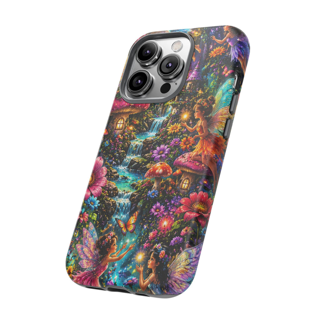 Fairy Garden Tough Phone Case — Whimsical Cottage, Waterfall & Mushroom Artwork