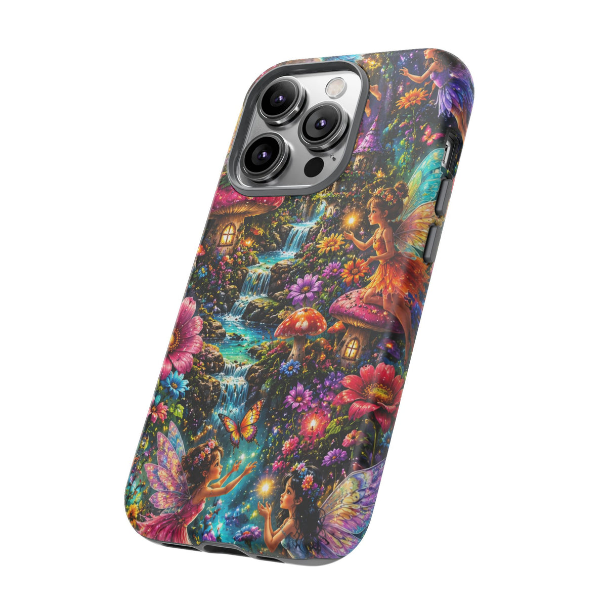 Fairy Garden Tough Phone Case — Whimsical Cottage, Waterfall & Mushroom Artwork