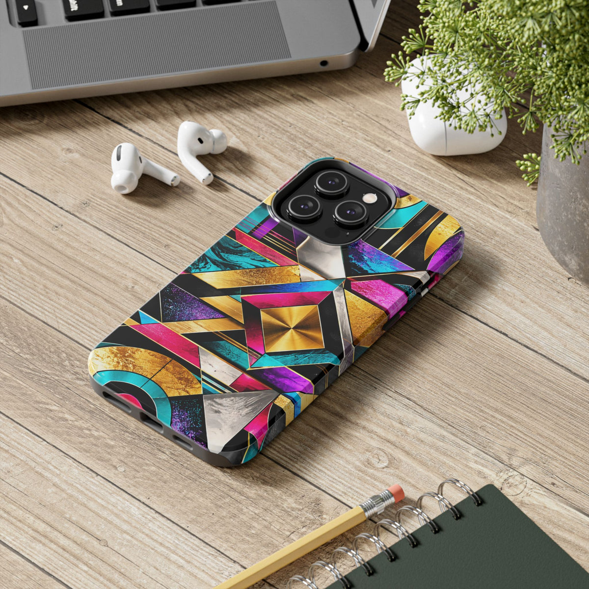 Geometric Art Deco Tough Phone Case — Vibrant Gold, Teal & Magenta Pattern