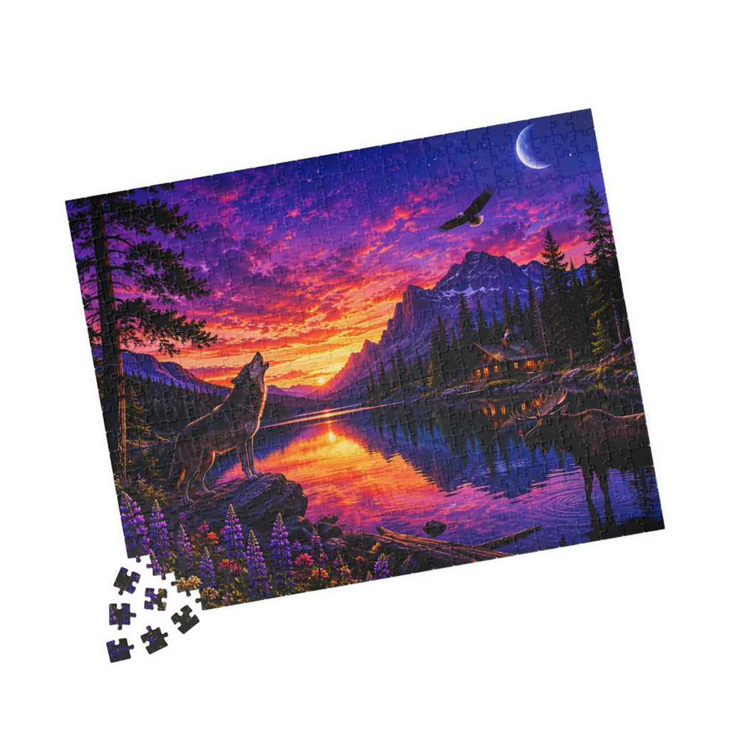 Sunset Wolves Lake Puzzle — Scenic Mountain Landscape Jigsaw (110–1014 pcs)