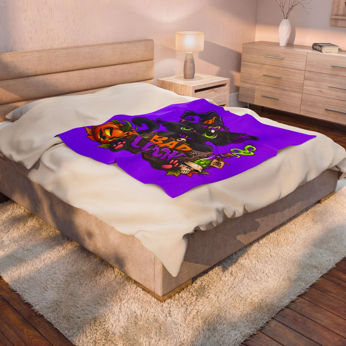 Halloween 'Bad Luck' Black Cat Plush Blanket - Soft Velveteen Throw