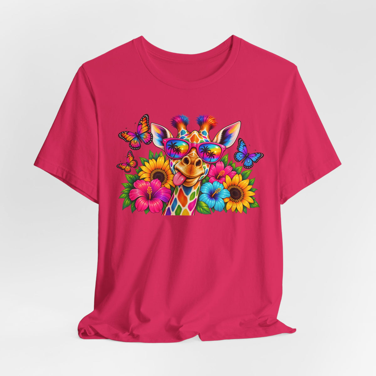 Giraffe Floral Tee — Colorful Butterfly & Sunflower Graphic T-Shirt